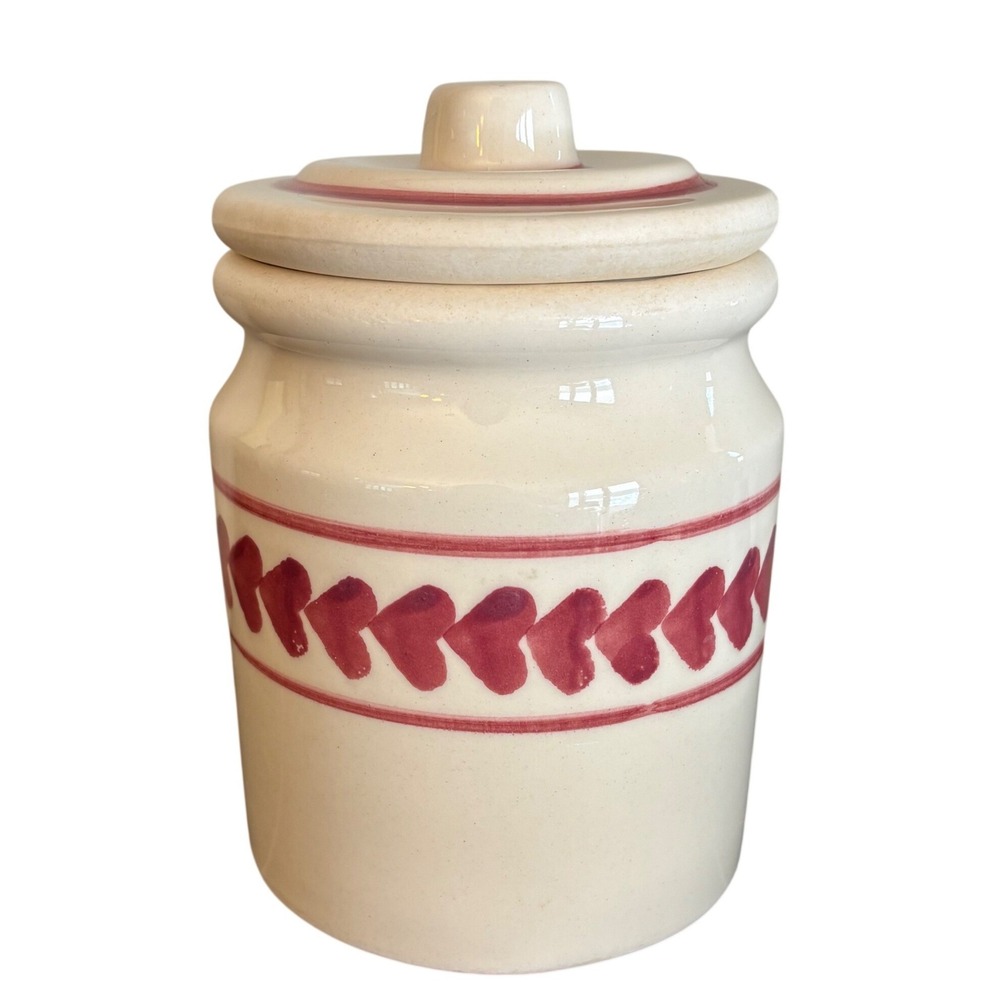 Hartstone Pottery | USA | Stoneware Canister | Pink Hearts and‎ Stripes | 7.25"